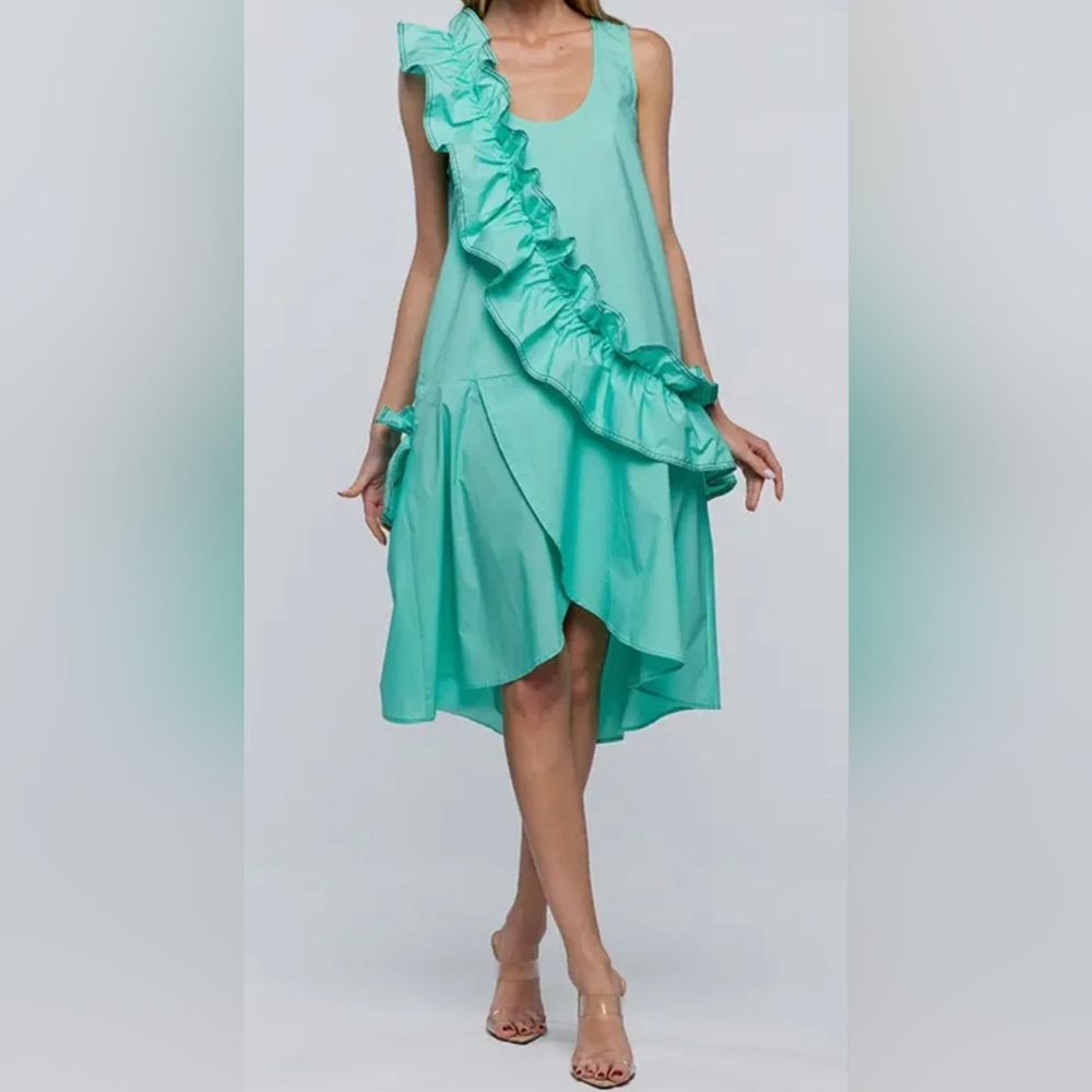 TOV Los Angeles A-Line Aqua Green Elegant Ruffle Cotton Dress NWT